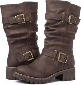 GLOBALWIN Women's Mid Calf Dress Boots Biker Motorcycle Riding Boots Women For Women