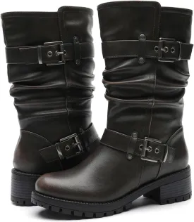 GLOBALWIN Women's Mid Calf Dress Boots Biker Motorcycle Riding Boots Women For Women