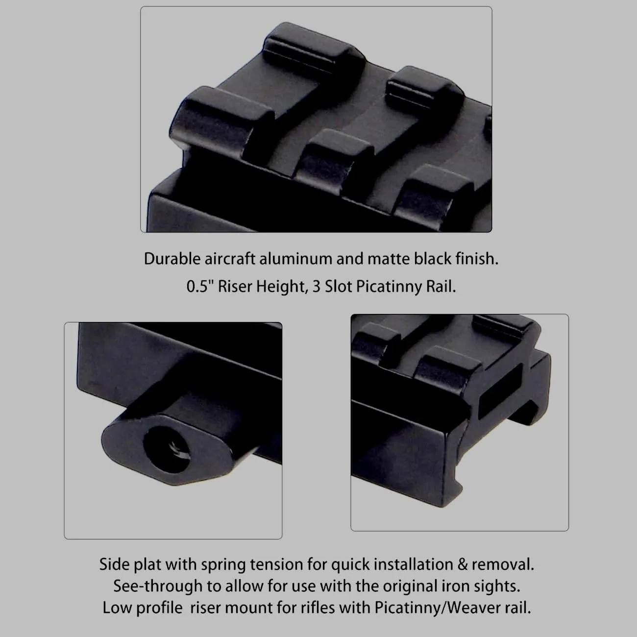 Gotical Three T Trading Low-Profile Compact Riser Mount, 0.5" High, 3 Slots for Scopes and Optics