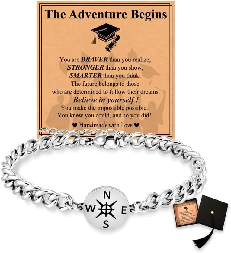 Graduation Gifts-Compass Bracelet for Men,Cuban Link Chain Stainless Steel Bracelets Jewelry Gift,Graduation Gifts for Him Men