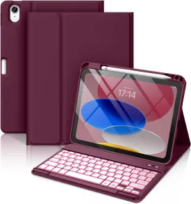 Hamile for iPad 11th 10th Generation Case with Keyboard - 7 Colors Backlit Wireless Detachable Folio Keyboard Cover with Pencil Holder for iPad A16 11-inch 2025 10th Gen 10.9 Inch 2022 (Dark Cherry)
