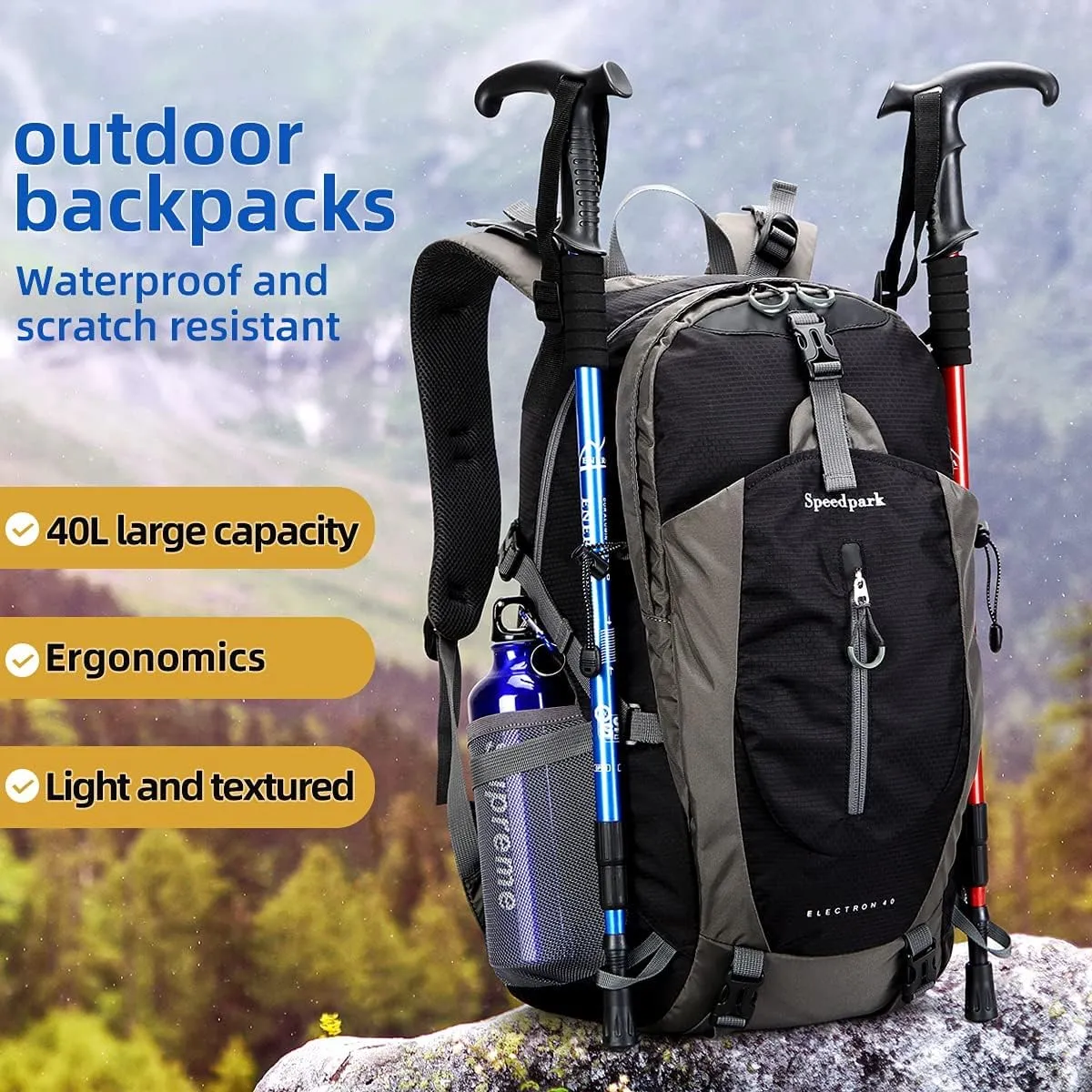 Hiking Backpack 40L Waterproof Hiking Daypack with Rain Cover, Outdoor Trekking Travel Backpacks for Men Women