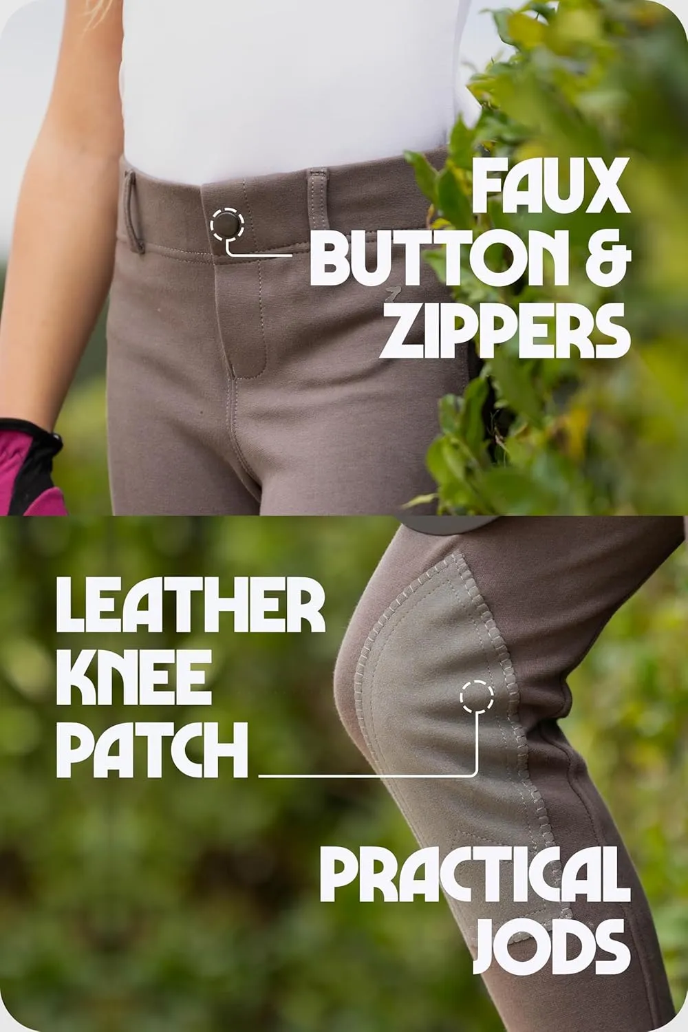 HORZE Nora Girls Riding Pants with Leather Knee Patch | Kids Equestrian Girls Jodhpurs Breeches | Size Chart in Images
