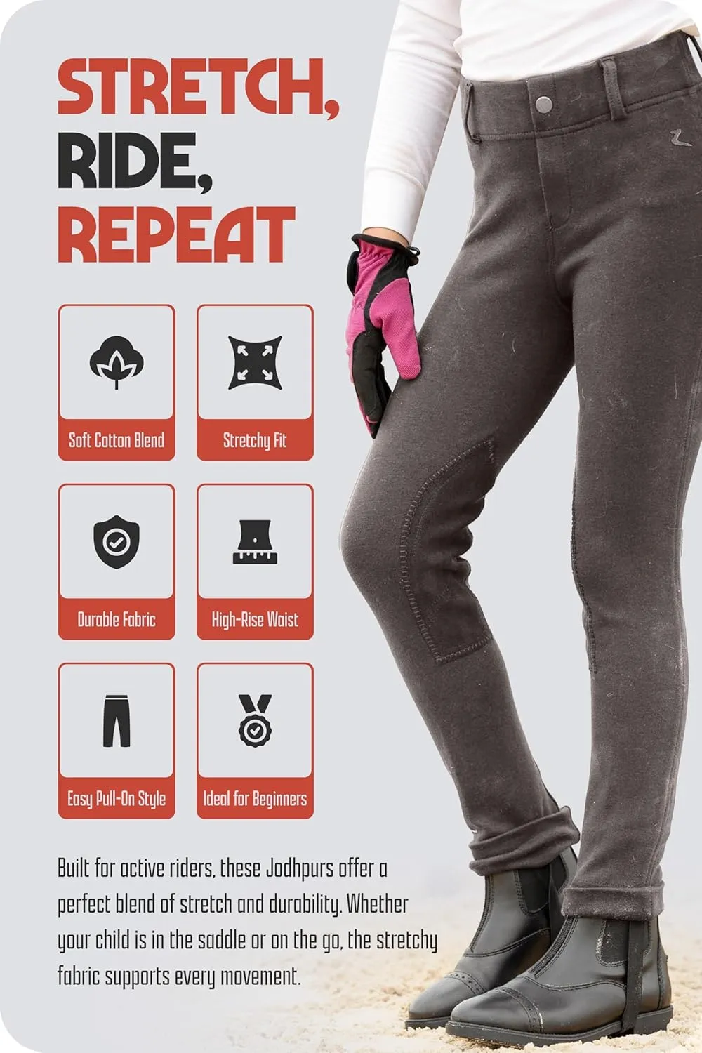 HORZE Nora Girls Riding Pants with Leather Knee Patch | Kids Equestrian Girls Jodhpurs Breeches | Size Chart in Images