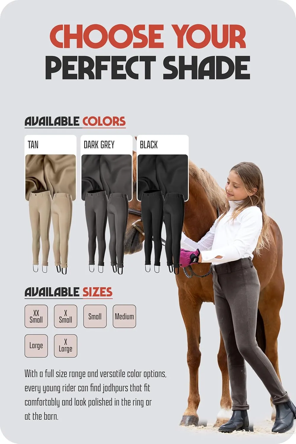HORZE Nora Girls Riding Pants with Leather Knee Patch | Kids Equestrian Girls Jodhpurs Breeches | Size Chart in Images