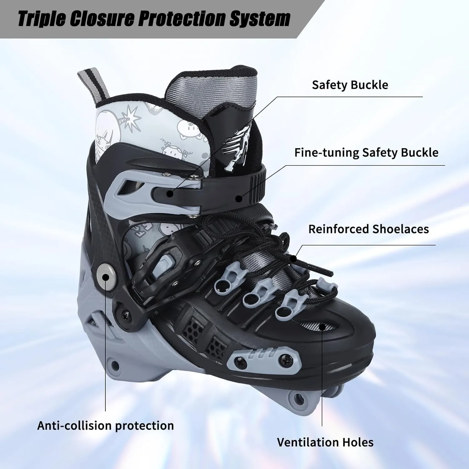 Inline Skates, 3 Wheels 100mm | 4 Sizes Adjustable Inline Speed Skates for Kids, Boys, Girls, Teens - Professional Outdoor Fitness Performance Inline Skates