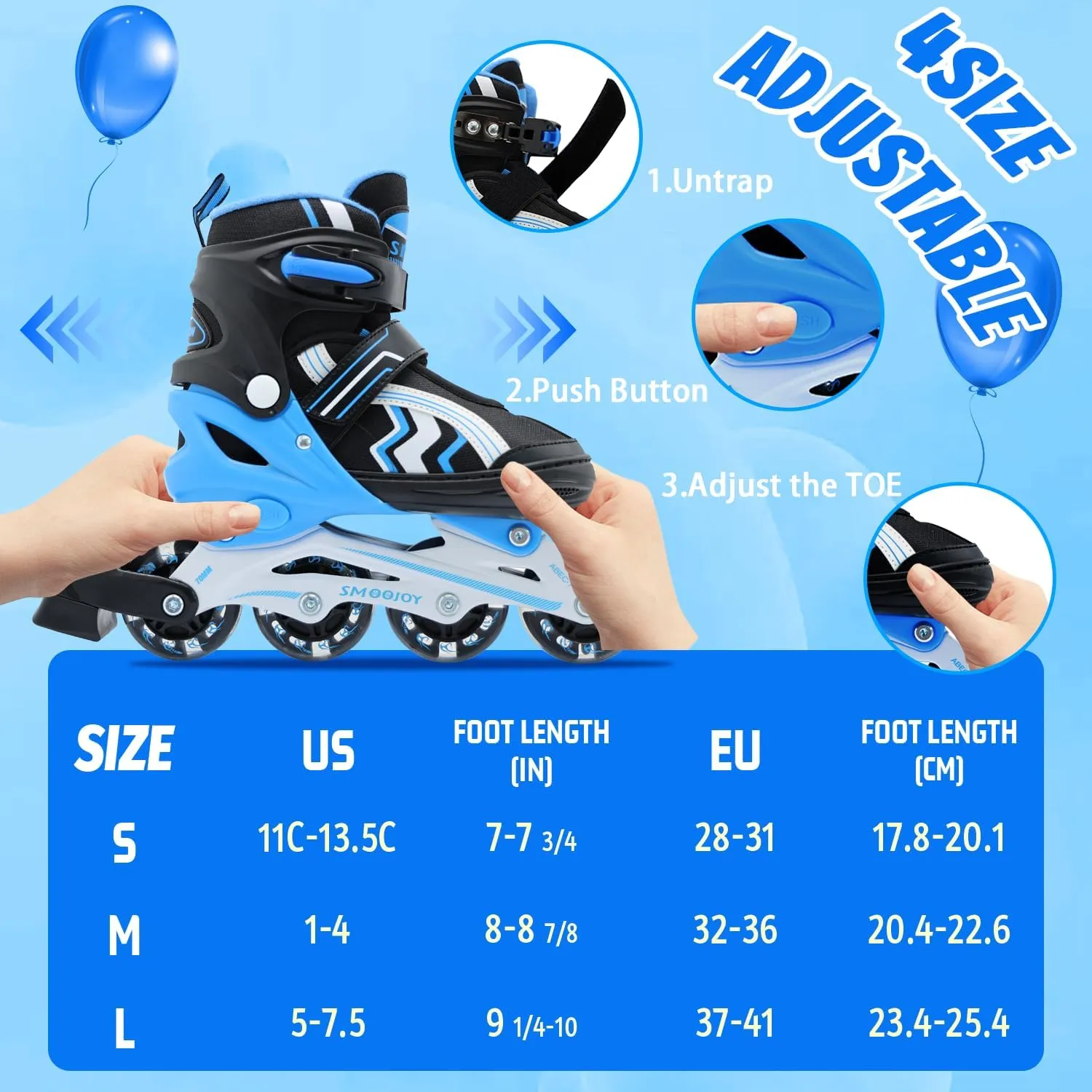Inline Skates for Kids 4 Size Adjustable Light-Up Wheels Aluminum Frame Black Rose Red Blade Skate for Boys and Girls S, M, L Sizes, Ages 5-8, 6-12, for Beginners Indoors and Outdoors