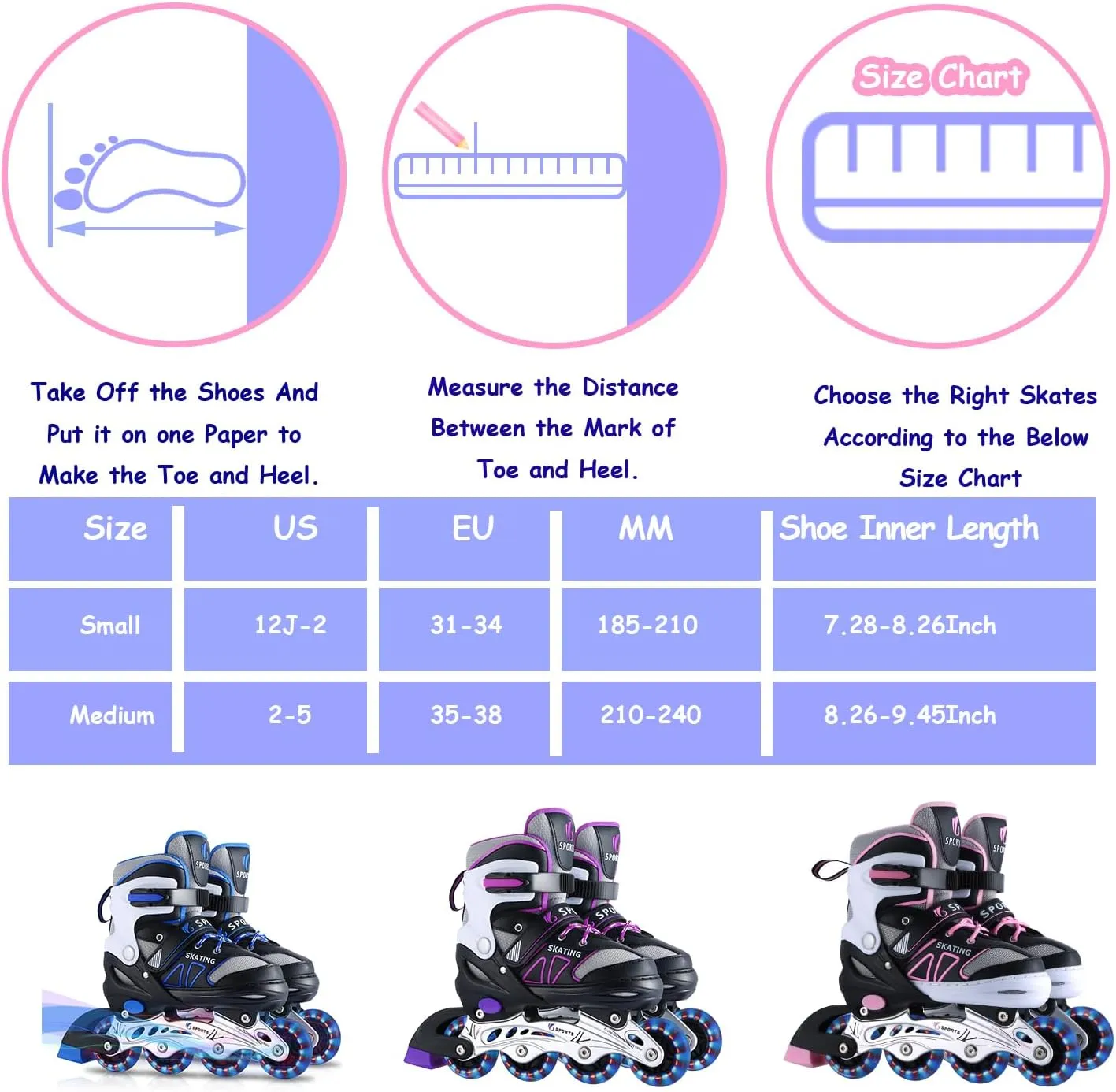 Inline Skates for Kids Girls Boys Beginners, 4 Size Adjustable Size with Light Up Wheels for Children.
