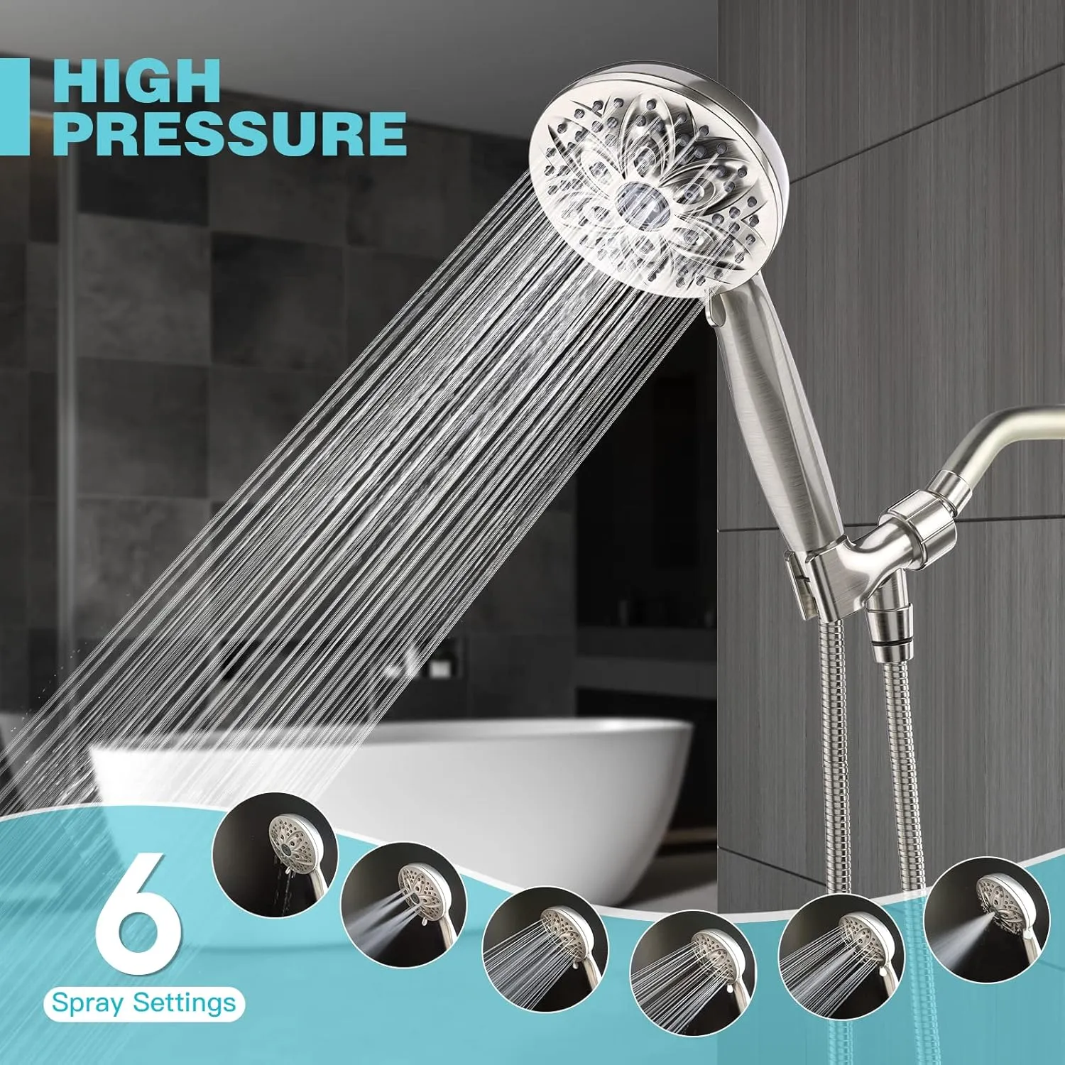 JDO Shower Head with Handheld, High Pressure Handheld Shower Head 6 Settings, Detachable Set with Stainless Steel Hose and Shower Bracket (Brushed Nickel)
