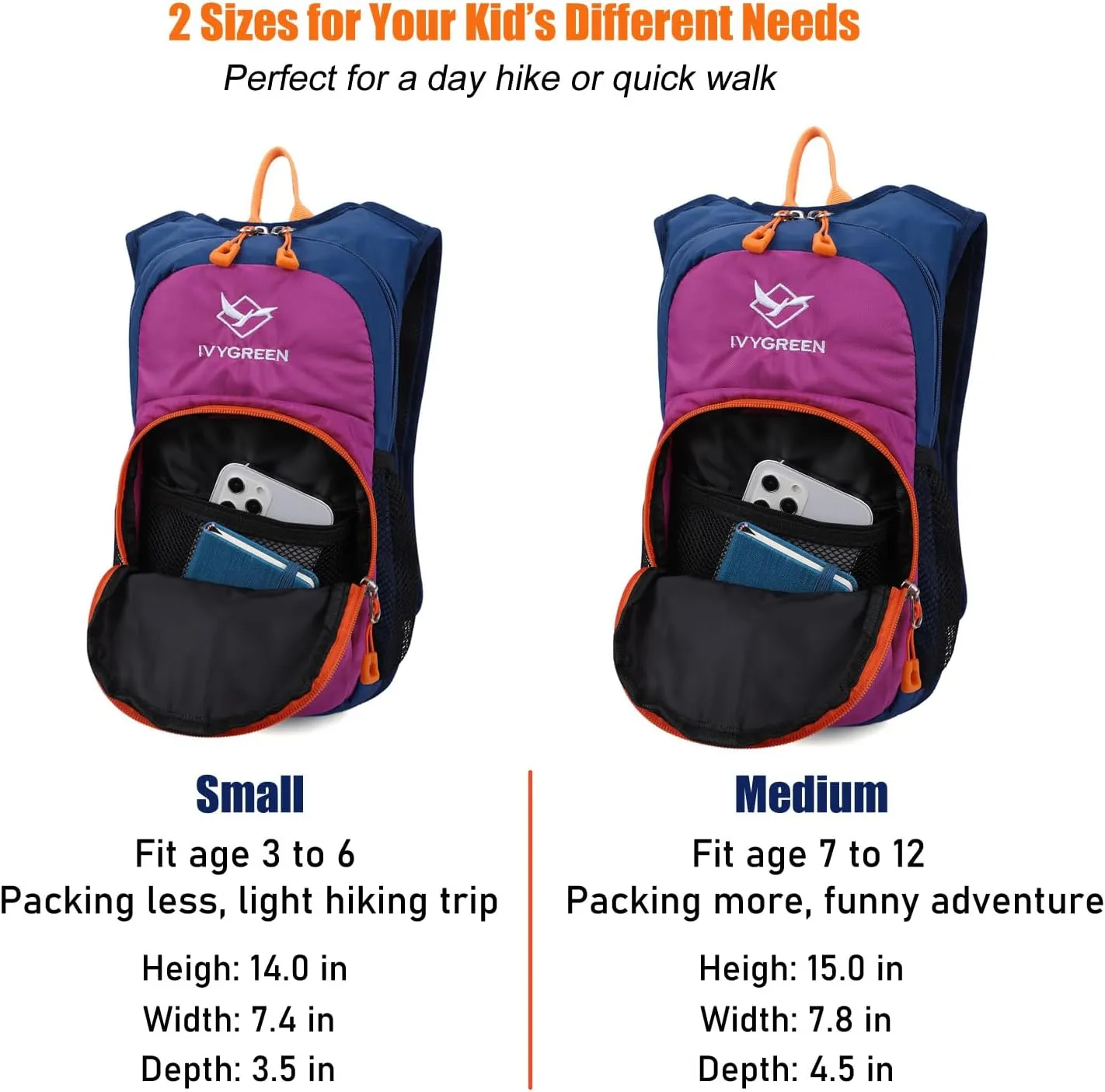 Kids Hydration Backpack, Hiking Backpack for Boys or Girls with 1.5L Water Bladder