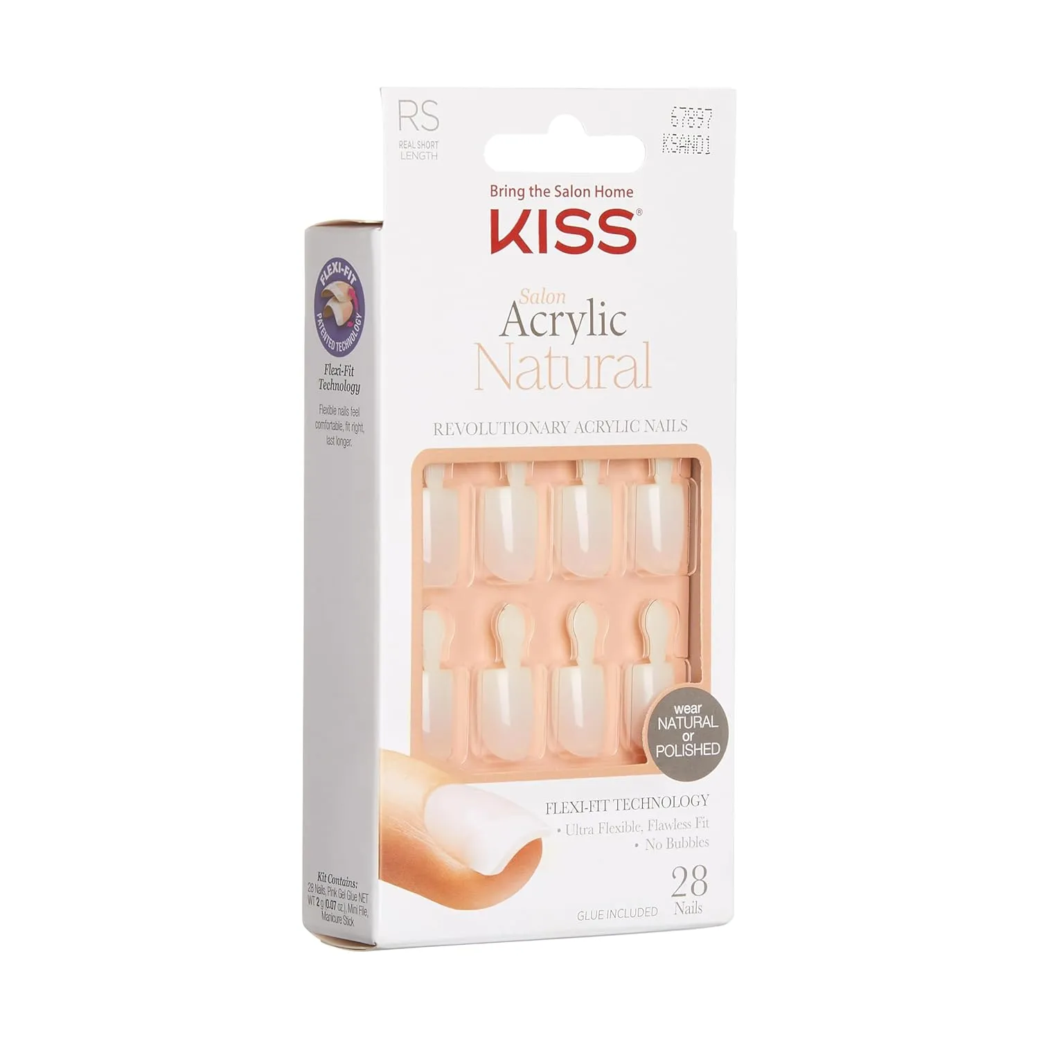 KISS Salon Acrylic Natural Press On Nails, Nail glue included, 'Rare', Nude, Short Size, Squoval Shape, Includes 28 Nails, 2g Glue, 1 Manicure Stick, 1 Mini File