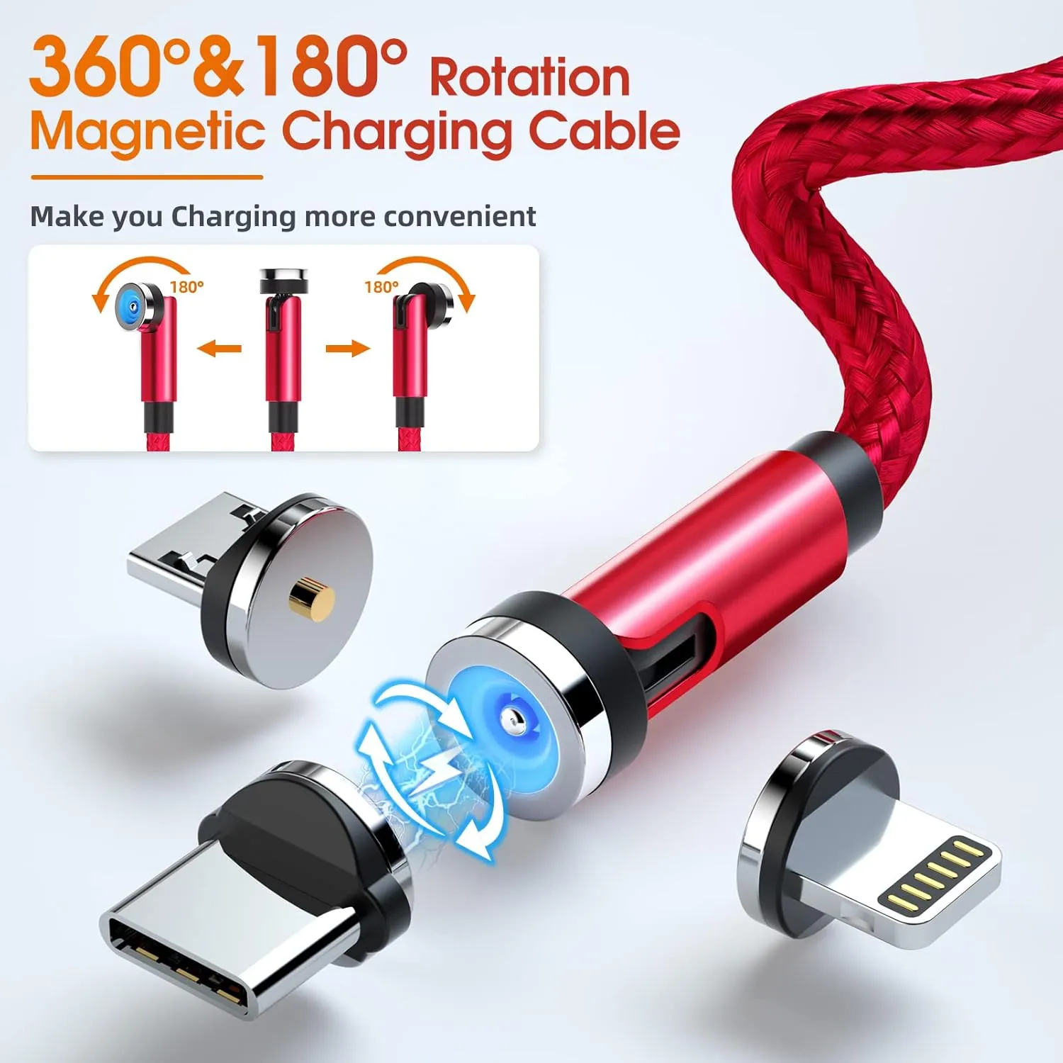 Magnetic Charging Cable 7-Pack [1.6FT/3FT/3FT/3FT/6FT/6FT/10FT] 540 Rotating Phone Charger 3 in 1 USB Cable Nylon Braided for Micro USB/Type C/iProduct Device - Red