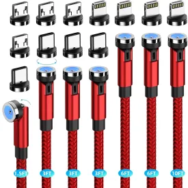 Magnetic Charging Cable 7-Pack [1.6FT/3FT/3FT/3FT/6FT/6FT/10FT] 540 Rotating Phone Charger 3 in 1 USB Cable Nylon Braided for Micro USB/Type C/iProduct Device - Red