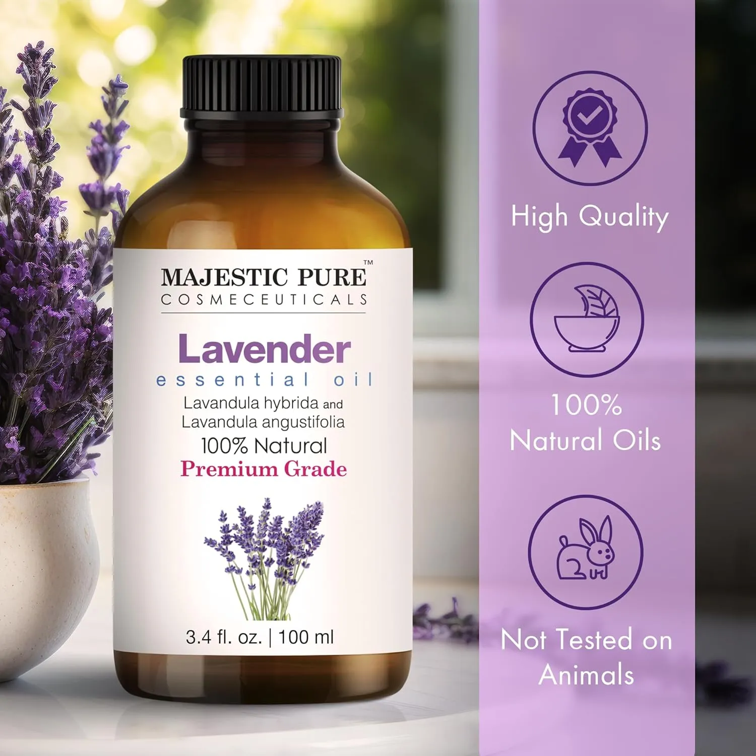 Majestic Pure Lavender Essential Oil with Glass Dropper | 100% Pure and Natural Lavender Oil | Premium Grade Essential Oils for Diffusers, Skin, Aromatherapy, Massage | 4 Fl Oz