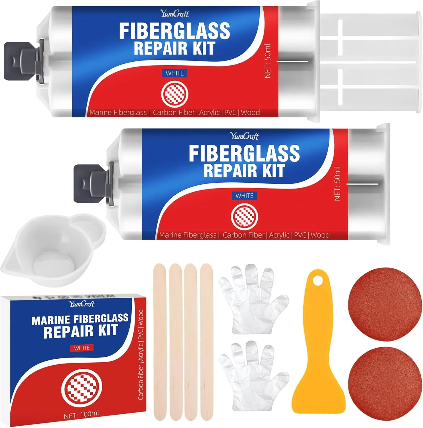 Marine Fiberglass Boat Repair Kit, 100ml Gel Coat Repair Kit for Boats, Fiberglass Repair Kit for Boats, Epoxy Resin Glue Filler Fix Scratch, Crack, Hole, Pit, Suitable for Porcelain Acrylic(White)