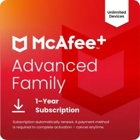 McAfee  Advanced Family Unlimited Devices 2025 1-Year Subscription with Auto-Renewal| Online Protection, Identity Theft Protection, Privacy Protection, Scam Protetection, Parental Controls | Download