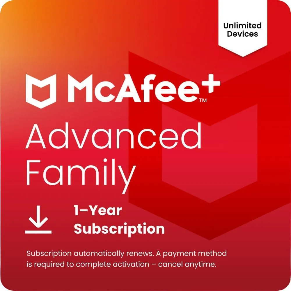 McAfee  Advanced Family Unlimited Devices 2025 1-Year Subscription with Auto-Renewal| Online Protection, Identity Theft Protection, Privacy Protection, Scam Protetection, Parental Controls | Download