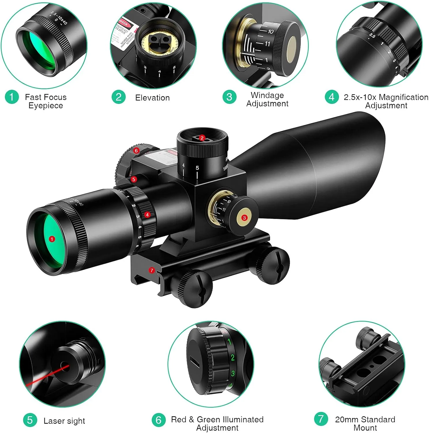 MidTen 2.5-10x40 Red Green Illuminated Mil-dot Scope with Red/Green Laser Combo - Green Lens Color & Mounts