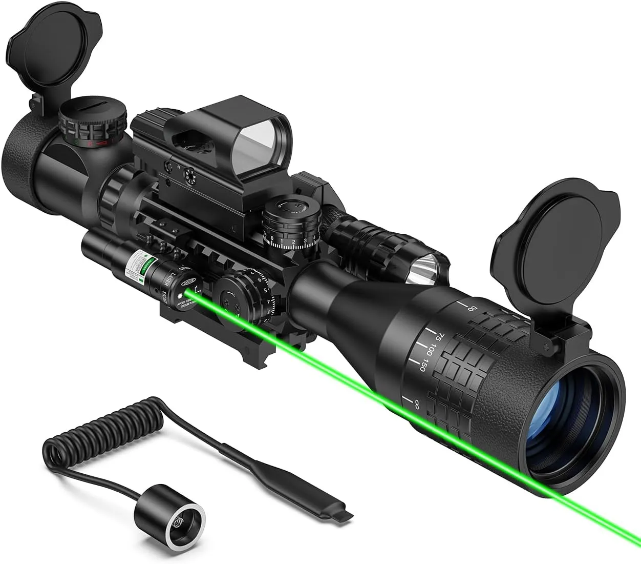 MidTen 4-16X50 AO Rifle Scope Combo, Rangefinder Optics with Dual Illuminated & 4 Holographic Reticle Red Dot Sight & Green Laser Sight & Pressure Remote Switch & Flashlight & Mount