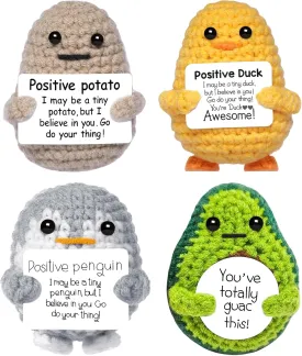 Mini Positive Potato Gifts, 4PCS Cute Crochet Animals Penguins Woll Doll with Positive Card, Funny Emotional Support Best Friends Christmas Birthday Gifts for Women Men Office Desk Decor