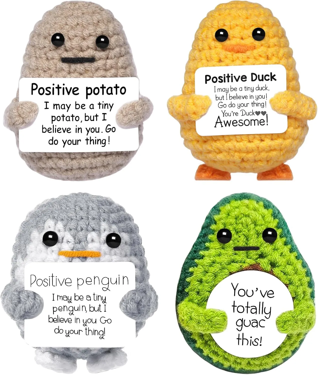 Mini Positive Potato Gifts, 4PCS Cute Crochet Animals Penguins Woll Doll with Positive Card, Funny Emotional Support Best Friends Christmas Birthday Gifts for Women Men Office Desk Decor
