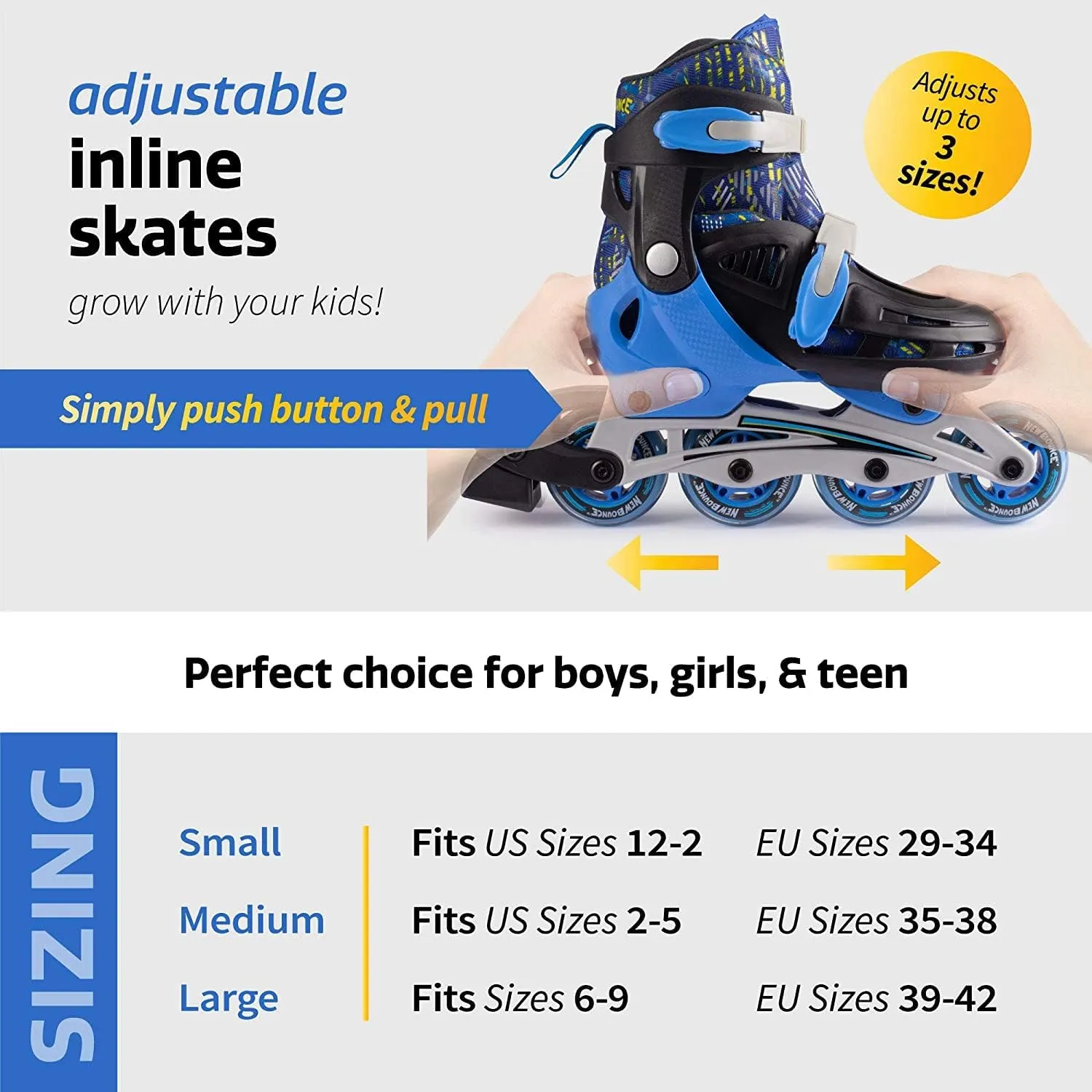 New-Bounce Adjustable Inline Skates for Girls and Boys - for Kids, Teens, and Young Adults Outdoor Roller Skates for Boys Ages 8-12 for Beginners & Advanced | Blue