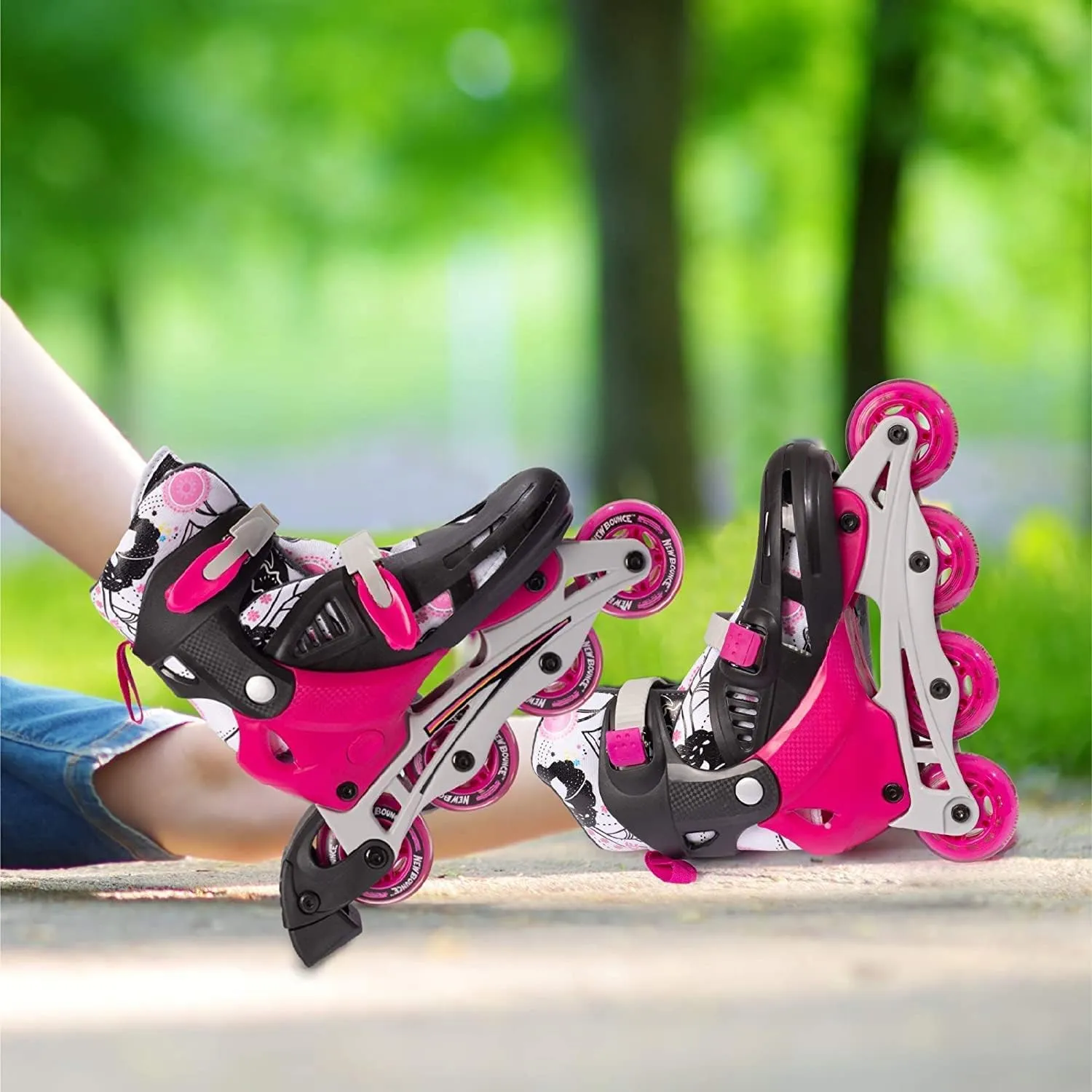 New-Bounce Inline Skates for Girls and Boys - Outdoor Adjustable Roller Skates for Boys Ages 8-12 for Beginners & Advanced Great for Kids & Teens | Pink
