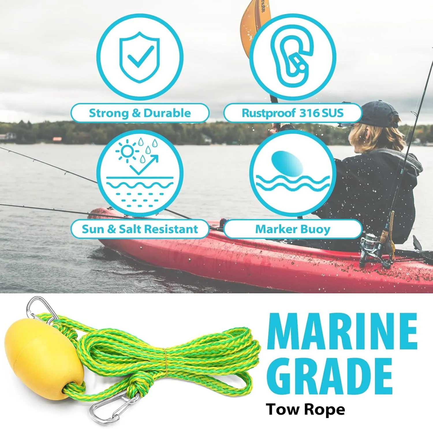 Obcursco Kayak Tow Line,Drift Sock Anchor Rope for Fishing Boat,Buoy Float Docks for Lake Jet Ski Boat Accessories (12-20FT)