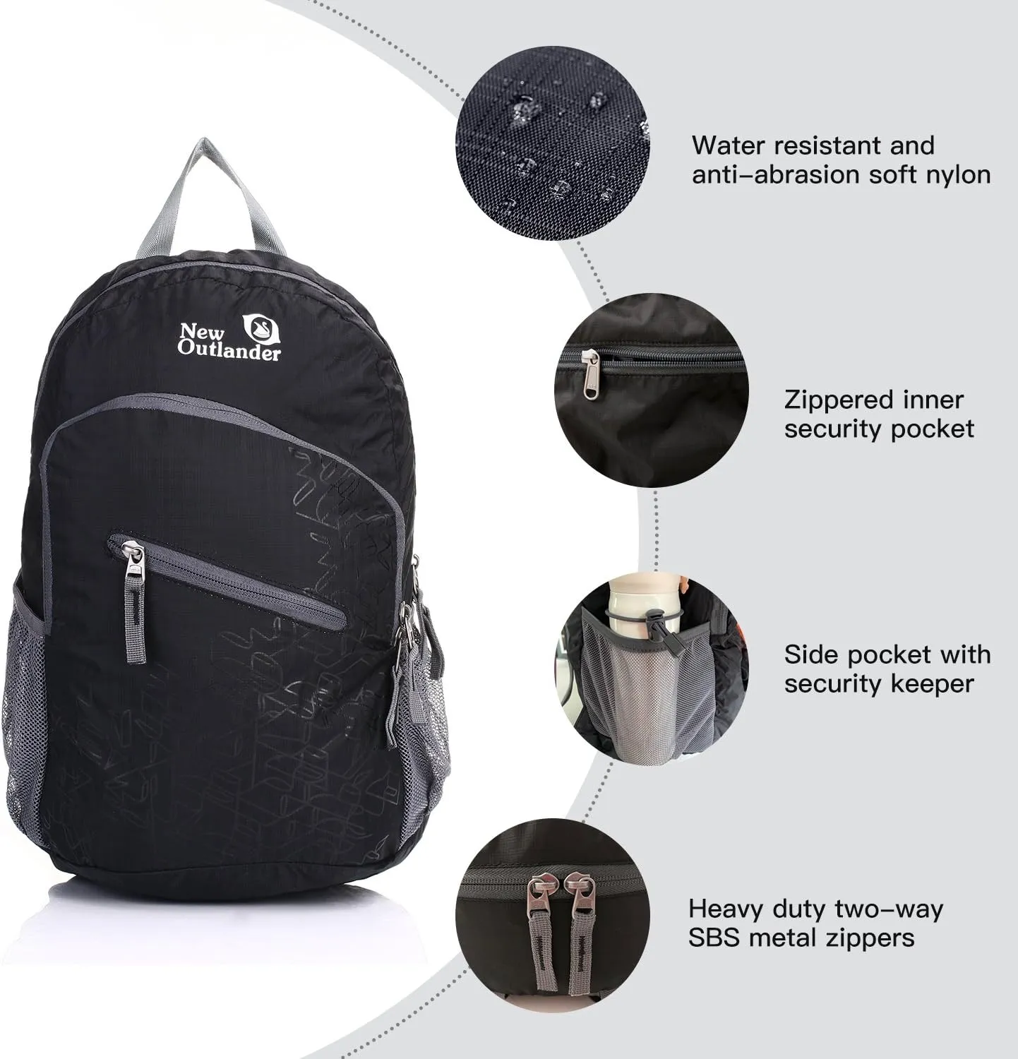 Outlander Packable Handy Lightweight Travel Hiking Backpack Daypack, Black