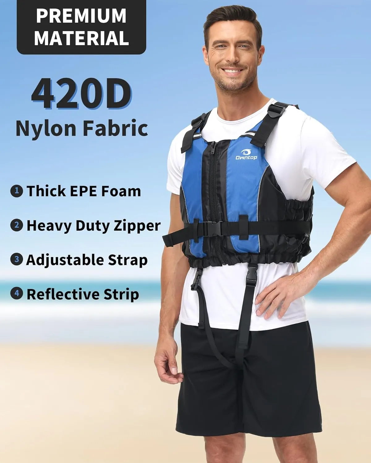Owntop Swim Jacket Adult | Adjustable Crotch Strap | Large Armhole | Sturdy Zipper & Buckle | Kayak, Boating, Fishing, Paddle Sports