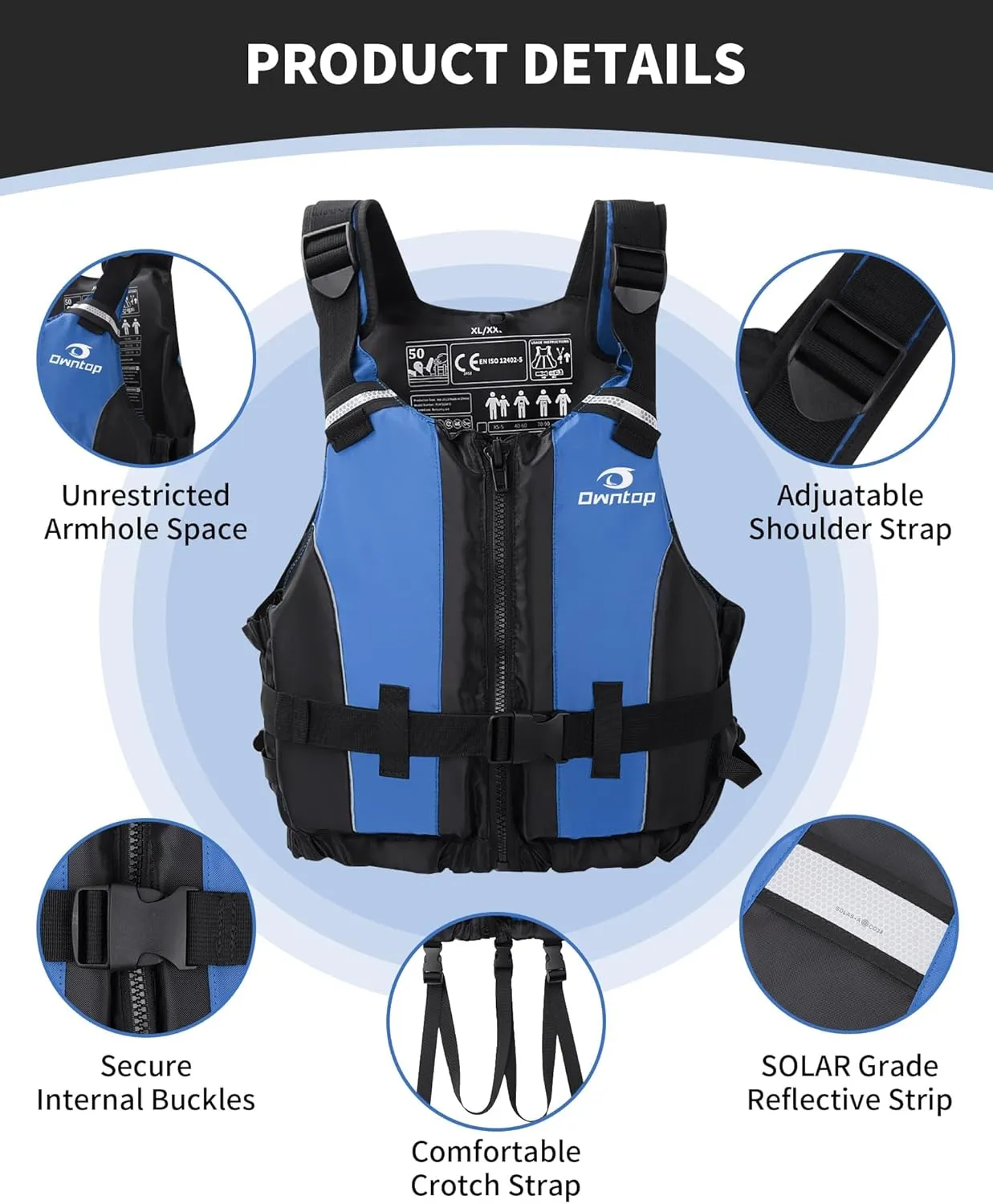 Owntop Swim Jacket Adult | Adjustable Crotch Strap | Large Armhole | Sturdy Zipper & Buckle | Kayak, Boating, Fishing, Paddle Sports