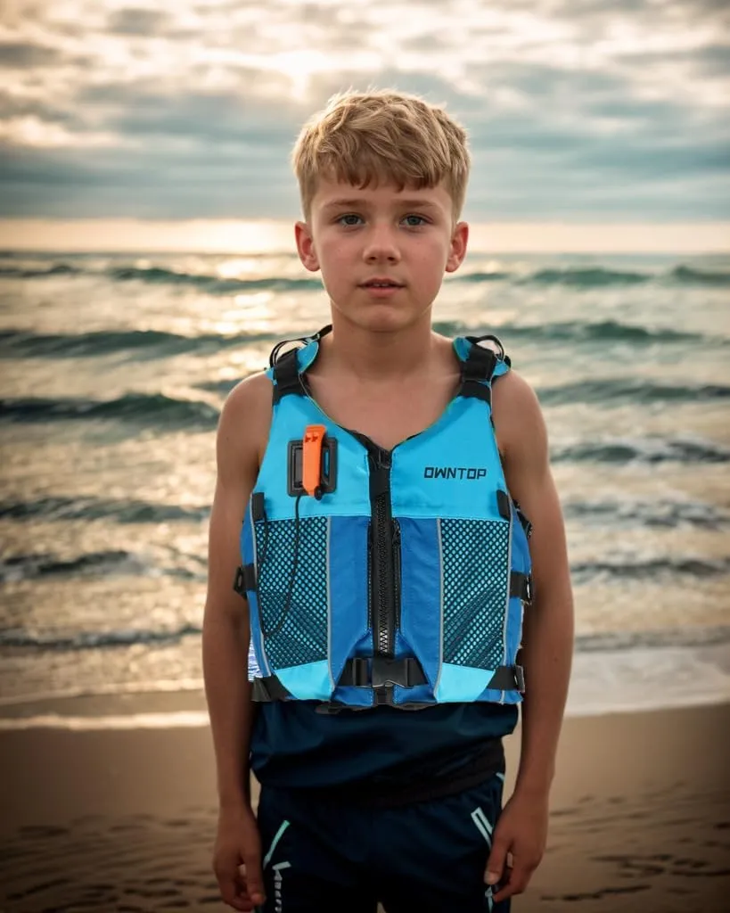 Owntop Swim Jacket Adult Youth | Hydration Pack | Dual Mesh Pockets | Attached Whistle | Ultra-Thin for Freer Movement | Kayak, Boating, Fishing, All Watersports