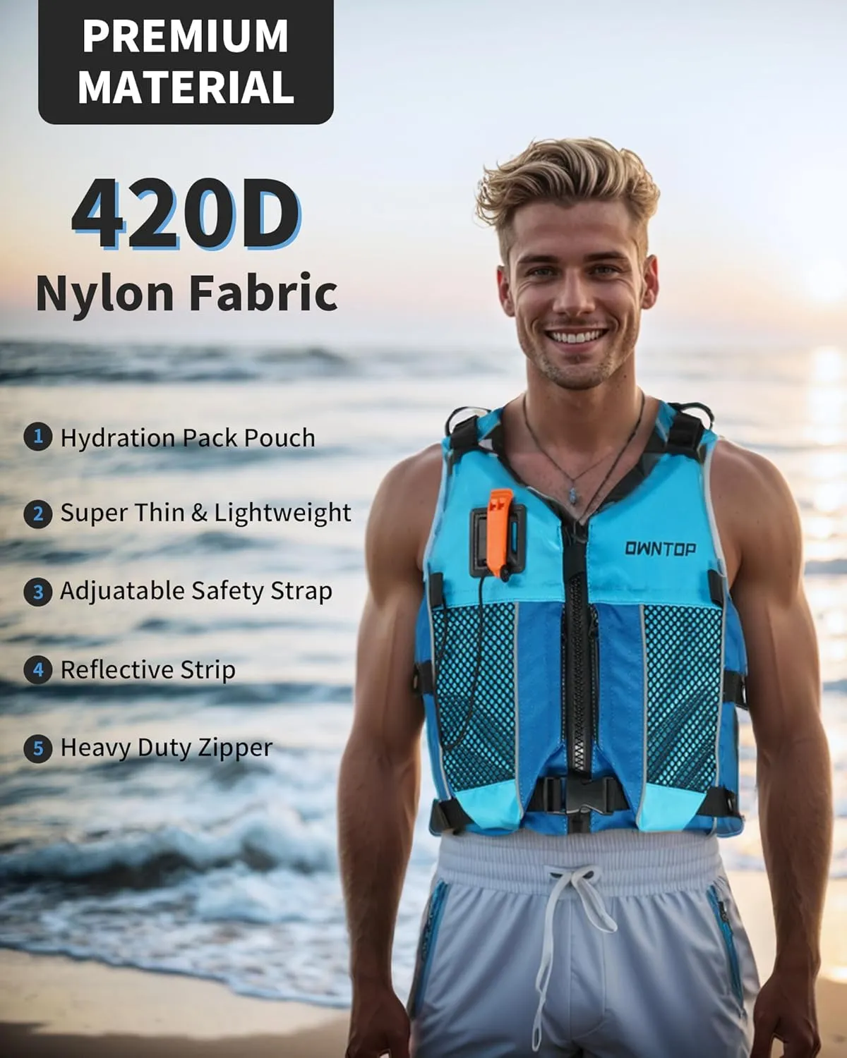 Owntop Swim Jacket Adult Youth | Hydration Pack | Dual Mesh Pockets | Attached Whistle | Ultra-Thin for Freer Movement | Kayak, Boating, Fishing, All Watersports