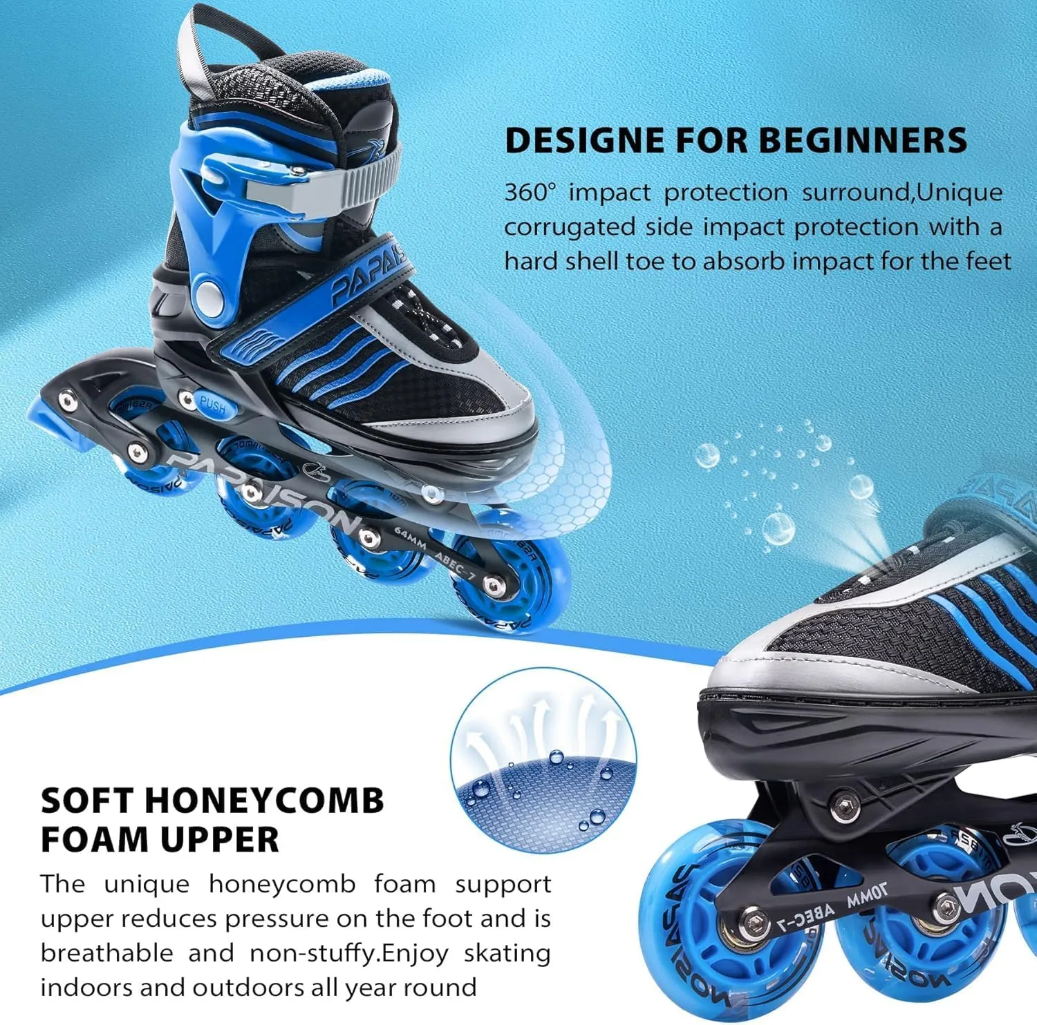PAPAISON Adjustable Inline Skates Boys Ages 4-12, Roller Skates for Girls Kids with Full Light Up Wheels, Outdoor Skates Illuminating Skates for Children Teens Women