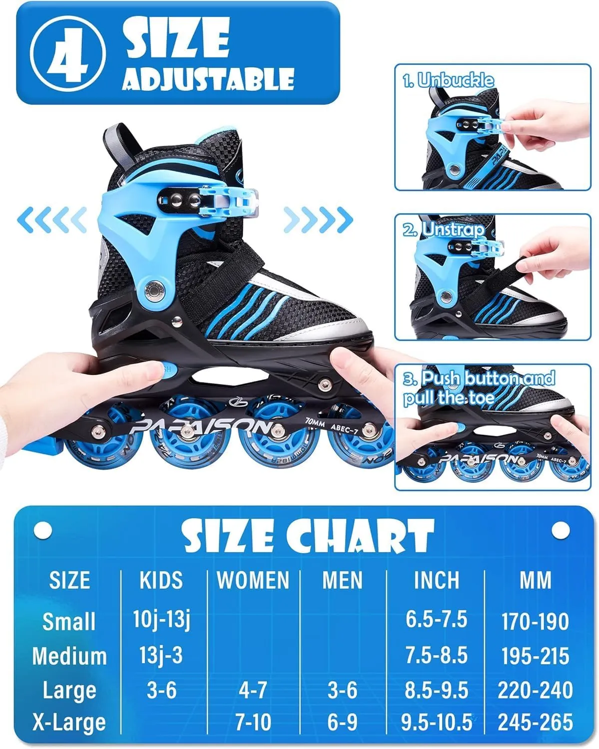 PAPAISON Adjustable Inline Skates Boys Ages 4-12, Roller Skates for Girls Kids with Full Light Up Wheels, Outdoor Skates Illuminating Skates for Children Teens Women
