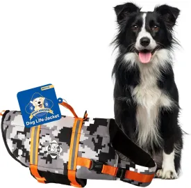 Paws Aboard Dog Life Jacket - Keep Your Canine Safe with a Neoprene Life Vest for Swimming and Boating - Available in Different Sizes, Color and Design to Choose - Grey Camo/Orange, Medium