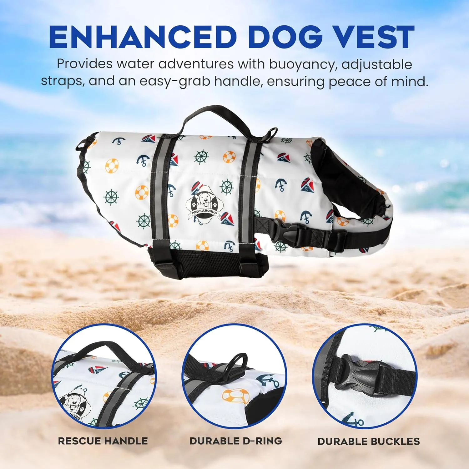 Paws Aboard Dog Life Jacket - Keep Your Canine Safe with a Neoprene Life Vest for Swimming and Boating - Available in Different Sizes, Color and Design to Choose - Nautical Dog, Medium