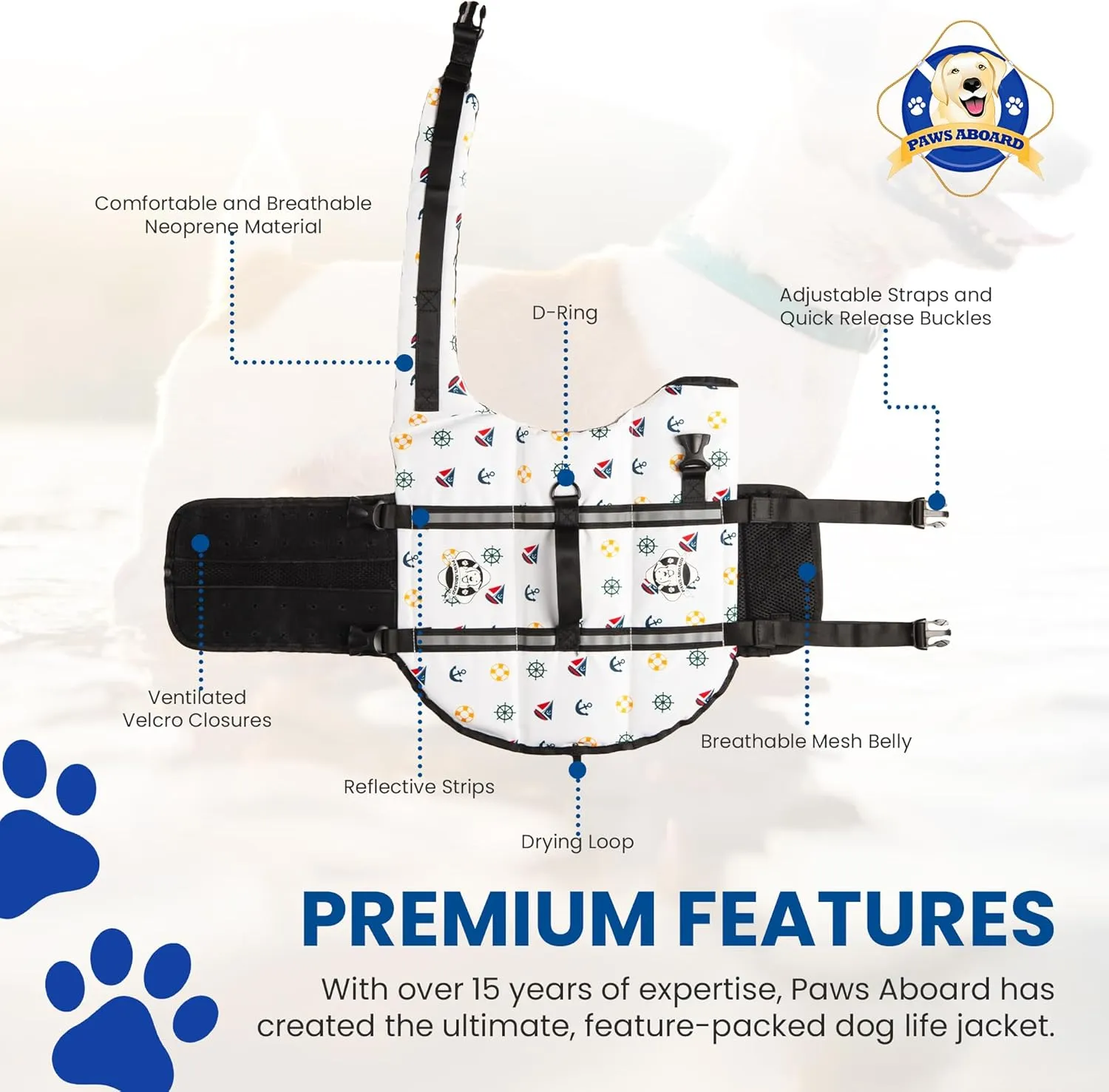 Paws Aboard Dog Life Jacket - Keep Your Canine Safe with a Neoprene Life Vest for Swimming and Boating - Available in Different Sizes, Color and Design to Choose - Nautical Dog, Medium