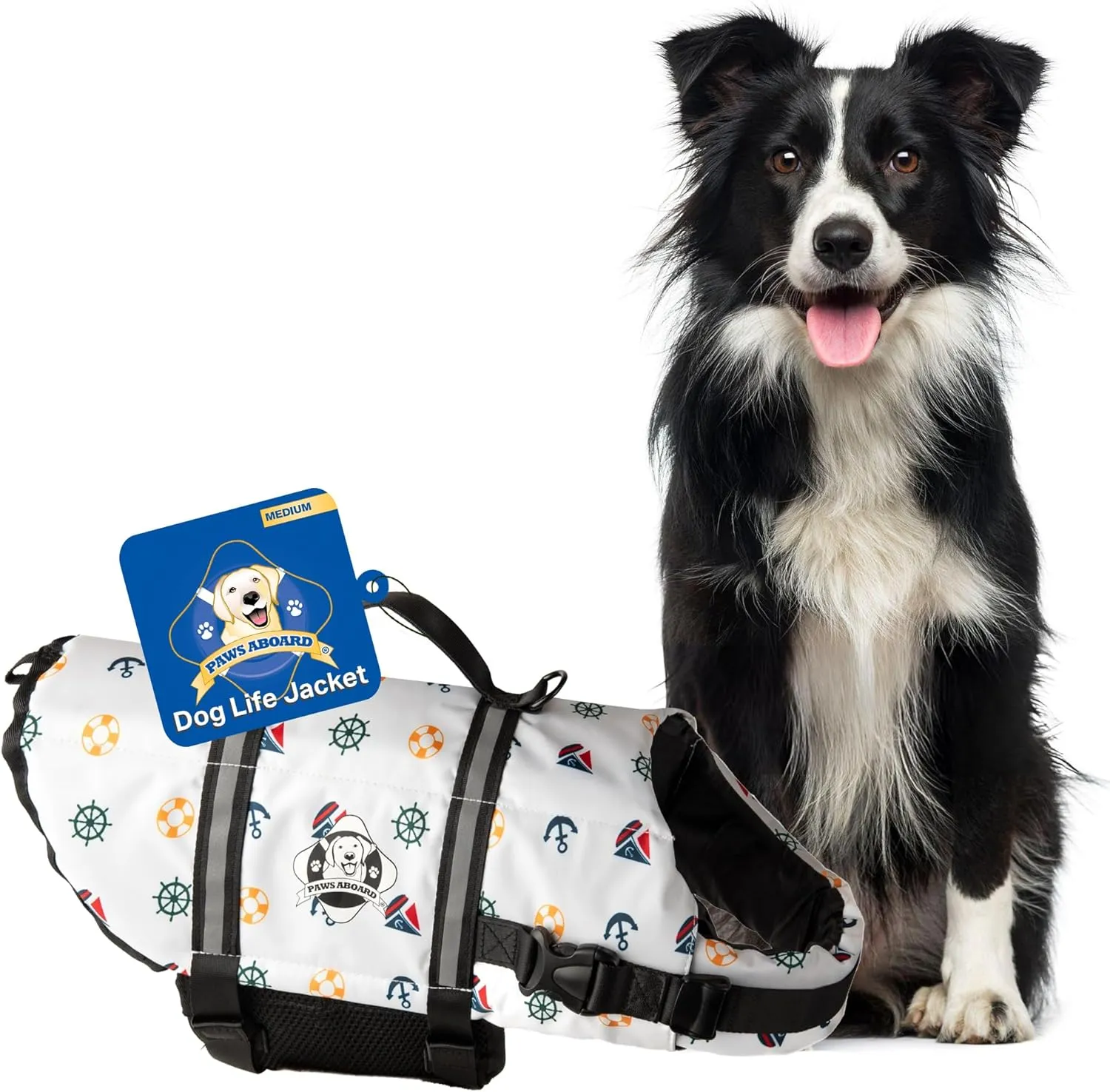 Paws Aboard Dog Life Jacket - Keep Your Canine Safe with a Neoprene Life Vest for Swimming and Boating - Available in Different Sizes, Color and Design to Choose - Nautical Dog, Medium