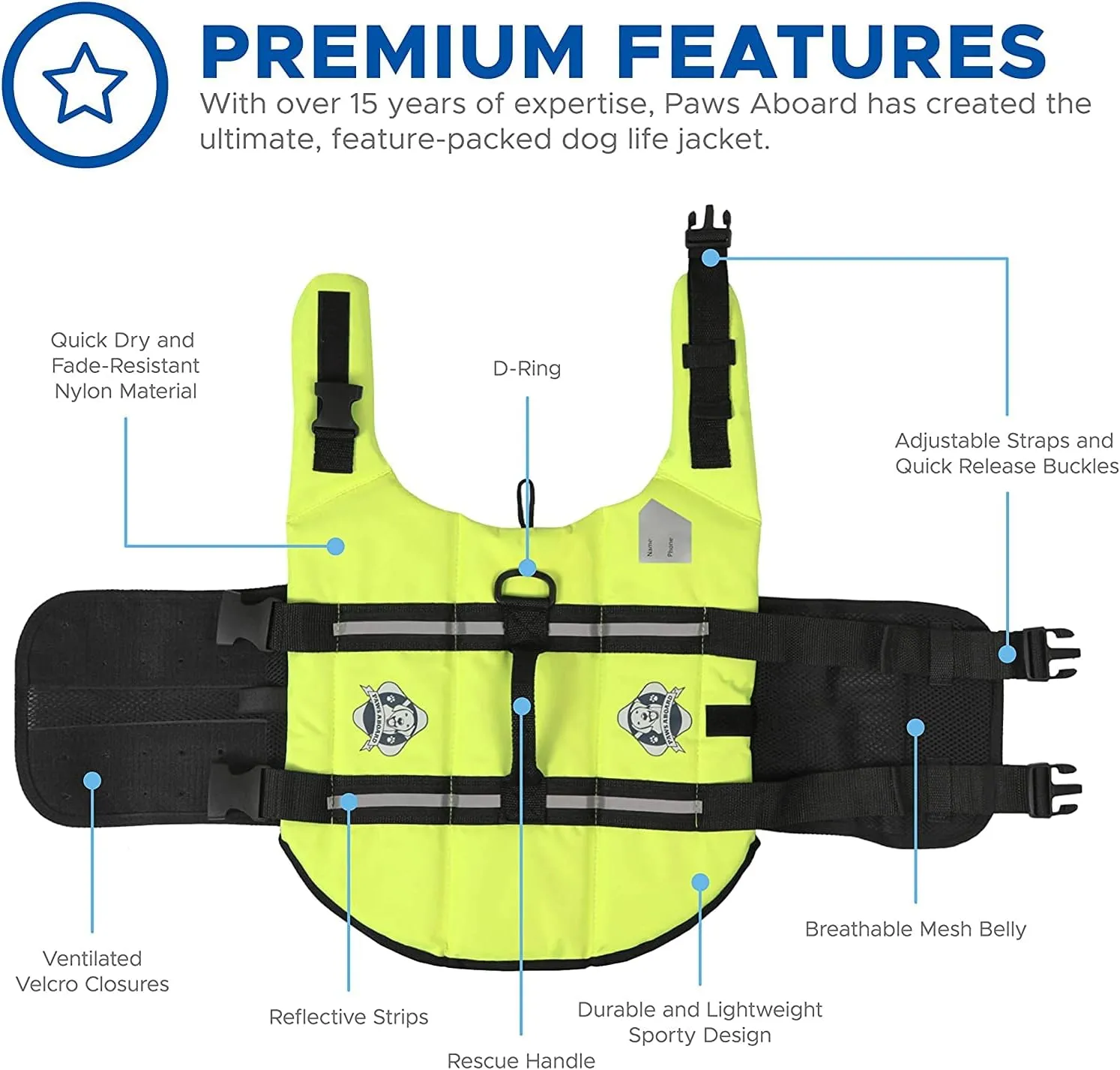 Paws Aboard Dog Life Jacket - Keep Your Canine Safe with a Neoprene Life Vest for Swimming and Boating - Available in Different Sizes, Color and Design to Choose - Neon Yellow, Medium