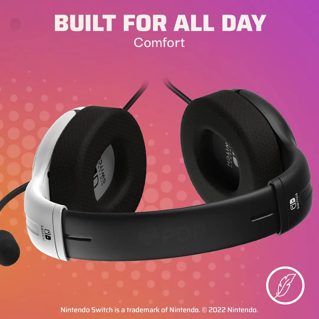 PDP Gaming AIRLITE Stereo Headset with Mic for Nintendo Switch/Switch Lite/OLED - Wired Power Noise Cancelling Microphone, Lightweight, Soft Comfort On Ear Headphones (Black & White)
