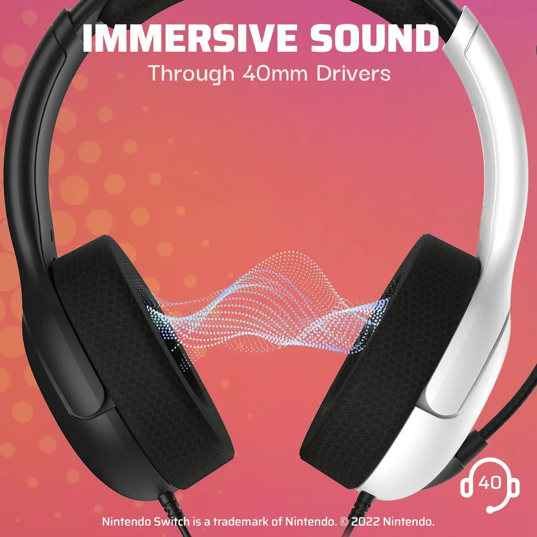 PDP Gaming AIRLITE Stereo Headset with Mic for Nintendo Switch/Switch Lite/OLED - Wired Power Noise Cancelling Microphone, Lightweight, Soft Comfort On Ear Headphones (Black & White)