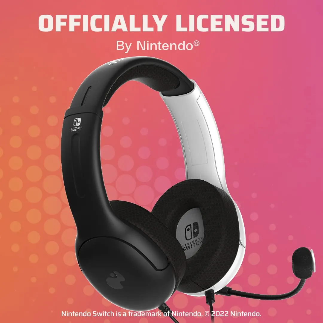 PDP Gaming AIRLITE Stereo Headset with Mic for Nintendo Switch/Switch Lite/OLED - Wired Power Noise Cancelling Microphone, Lightweight, Soft Comfort On Ear Headphones (Black & White)