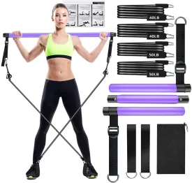 Pilates bar set, Adjustable Pilates bar kit with 4 resistances bands-2x40lbs,2x50lbs, foam handle and door anchor- Purple