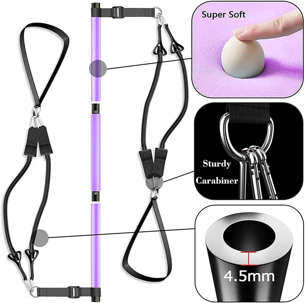 Pilates bar set, Adjustable Pilates bar kit with 4 resistances bands-2x40lbs,2x50lbs, foam handle and door anchor- Purple