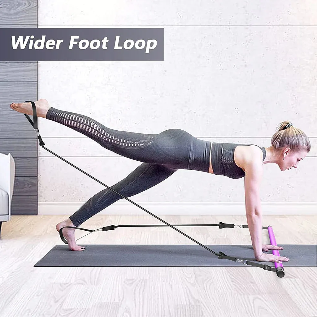 Pilates bar set, Adjustable Pilates bar kit with 4 resistances bands-2x40lbs,2x50lbs, foam handle and door anchor- Purple
