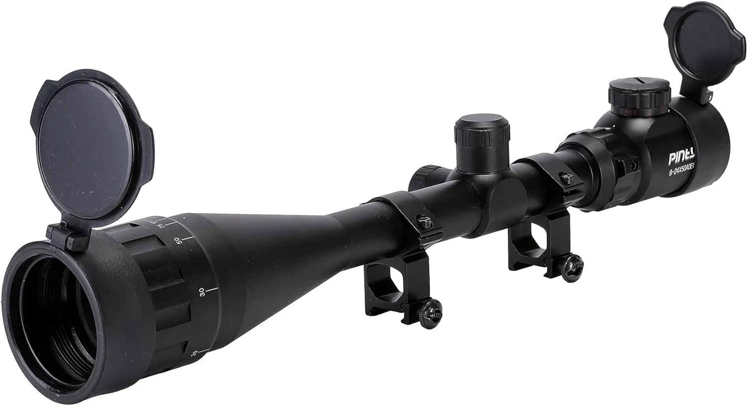PINTY 6-24x50 Rifle Scope  AO Hunting Scope with Rangefinder Illuminated Optics Picatinny Mount Rings for Long Range Shooting Airsoft Sniper More  1/8 MOA Gun Sight for Rifle or Crossbow