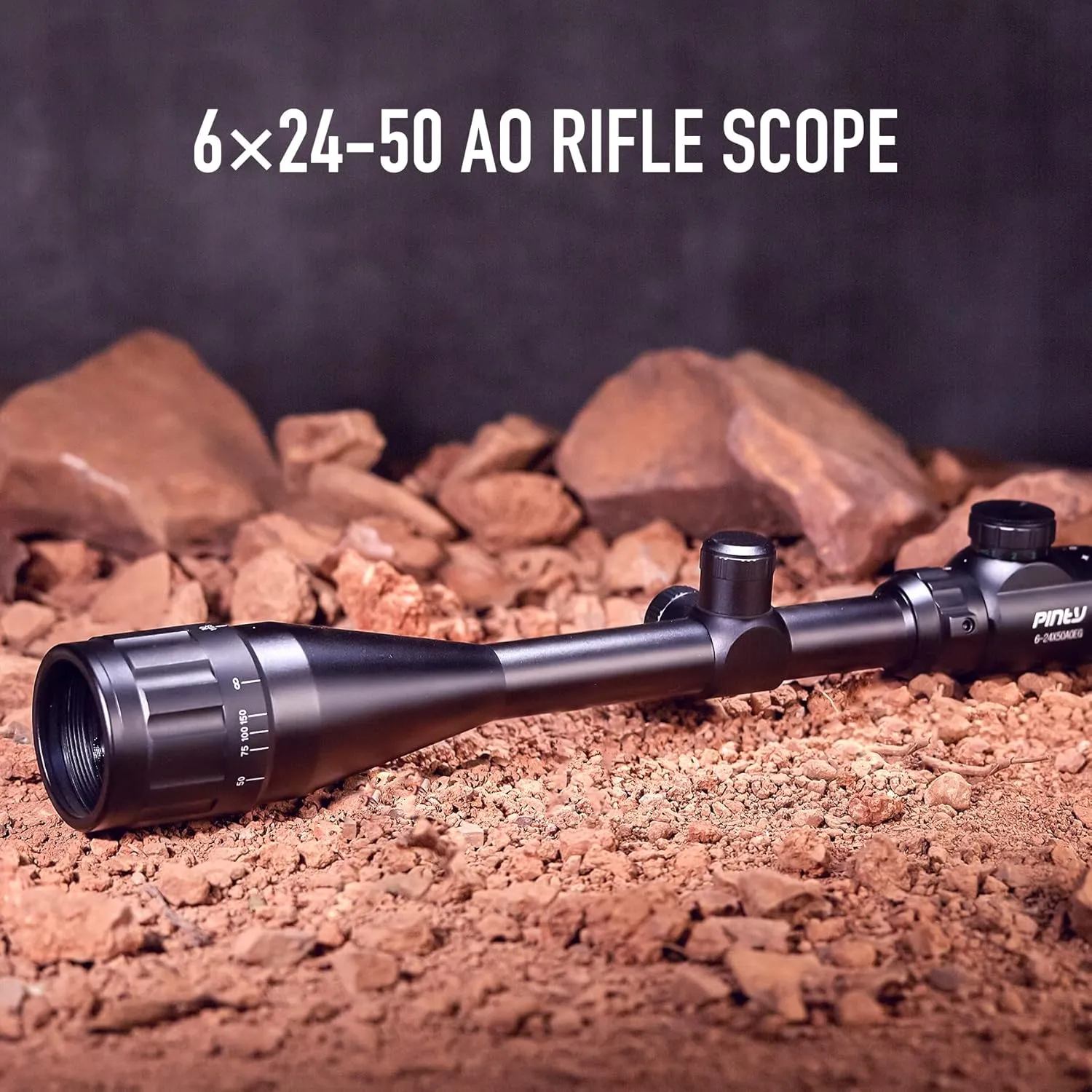 PINTY 6-24x50 Rifle Scope  AO Hunting Scope with Rangefinder Illuminated Optics Picatinny Mount Rings for Long Range Shooting Airsoft Sniper More  1/8 MOA Gun Sight for Rifle or Crossbow