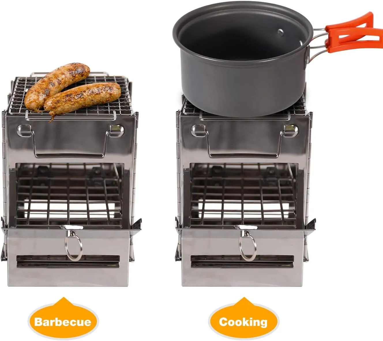Portable Folding Camping Wood Stove for Outdoor Cooking, Lightweight Stainless Steel Wood Burning Camp Stove with Grill for Backpacking BBQ Picnic, Small