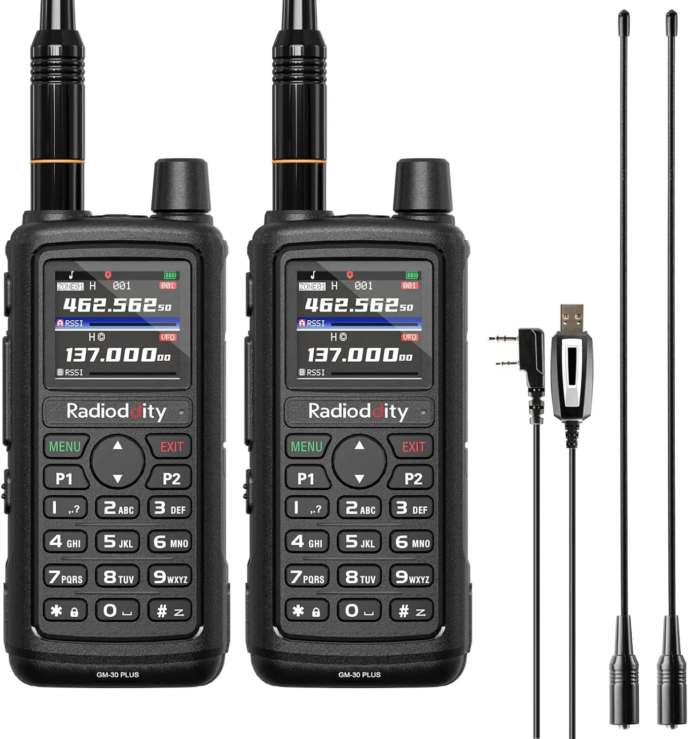 Radioddity GM-30 Plus GMRS Handheld Radio, GMRS Repeater Capable, Long Range NOAA/UHF/VHF/Airband Scanner & Receiver with 1000 Channels, GPS Tracking, Programming Cable, 15.5 ANT, 2 Pack